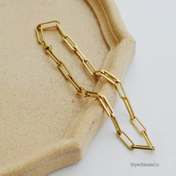 Thick Paperclip Chain Necklace Minimalist Chunky Titanium Gold Plated - Picture 2 of 7
